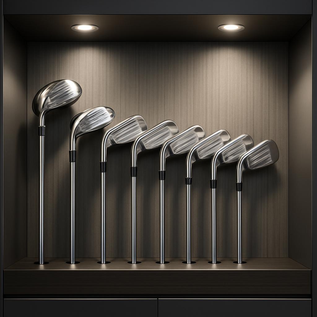A line of golf clubs in a display case or closet.