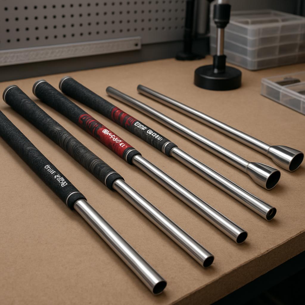 A collection of golf clubs with various grip styles, showcasing different materials and designs.